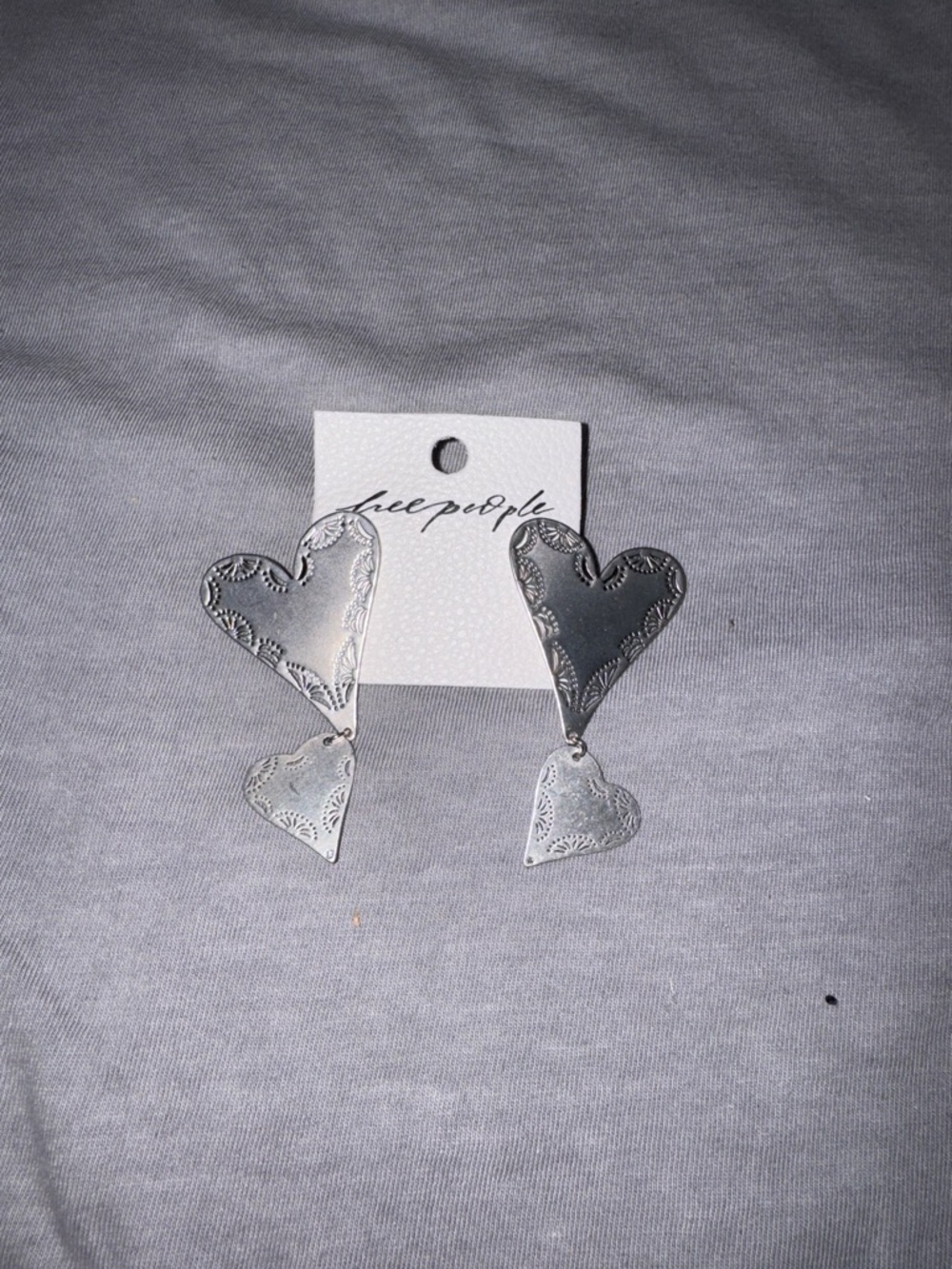 Free People Silver Double Heart Drop Earrings